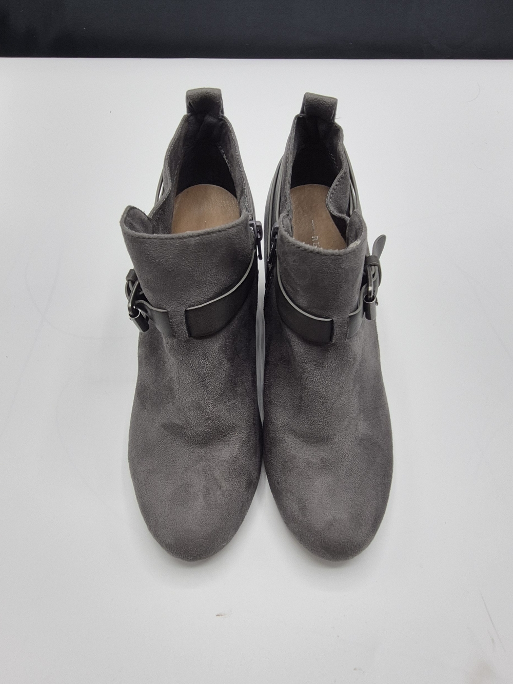 Report Gray Suede Ankle Booties with Buckle Strap